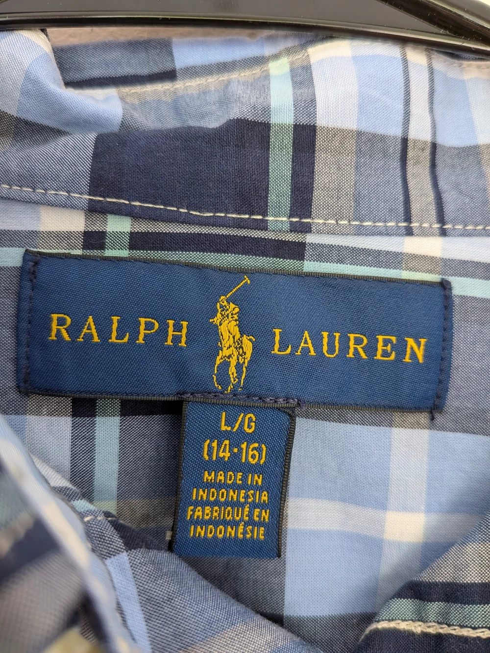 Ralph Lauren Boys L 14-16 Blue Plaid Button Down Shirt 100% Cotton Long Sleeve